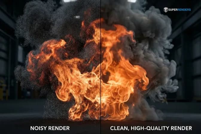 fumefx render noisy vs clean volumetric fire rendering comparison