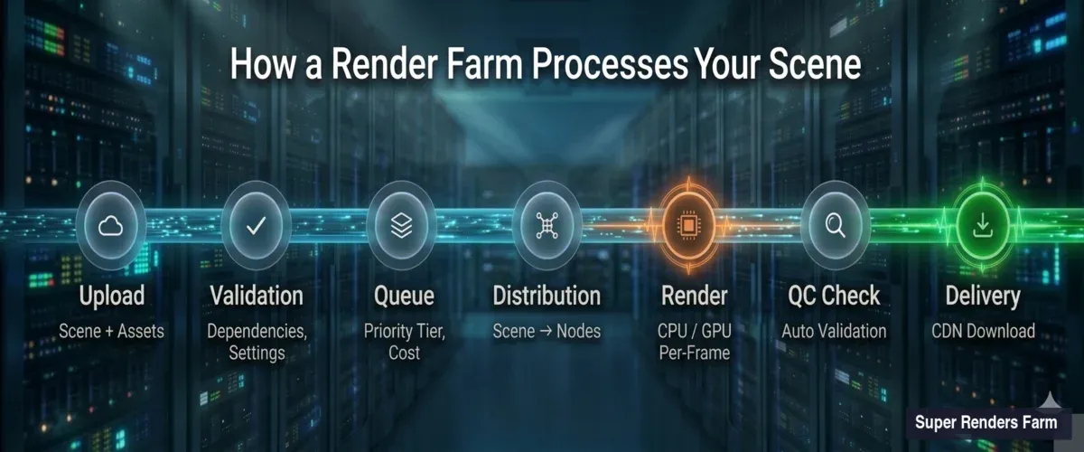 Render farm pipeline showing 7 stages from scene upload through validation, queuing, distribution, rendering, quality check, to final delivery