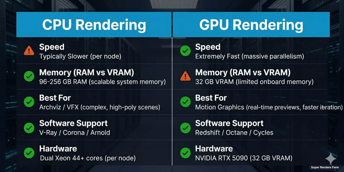 CPU rendering vs GPU rendering comparison showing differences in speed, memory, best use cases, supported software, and hardware specs