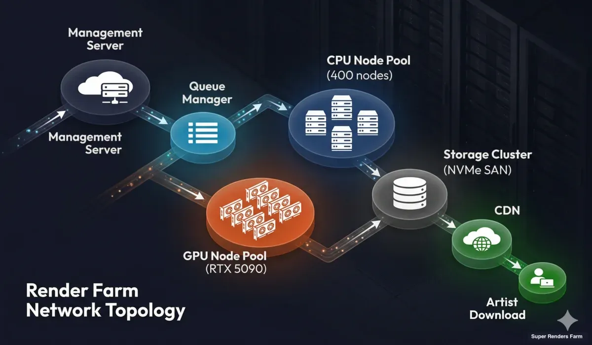 Render farm network topology showing management server, queue manager, CPU and GPU render node pools, storage cluster, and CDN delivery to users