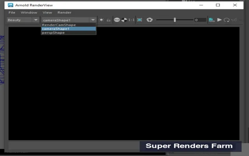Arnold RenderView in Maya che mostra il menu a discesa delle telecamere disponibili