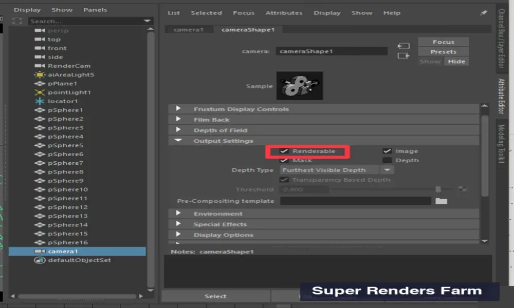 Editor degli attributi di Maya che mostra le Output Settings con la casella Renderable
