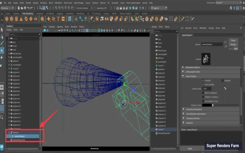 Maya Outliner che mostra la gerarchia dei nodi transform e shape della telecamera