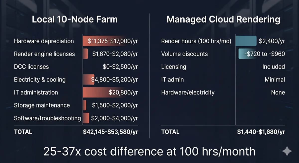 Total cost of ownership comparison between a local 10-node render farm and managed cloud rendering