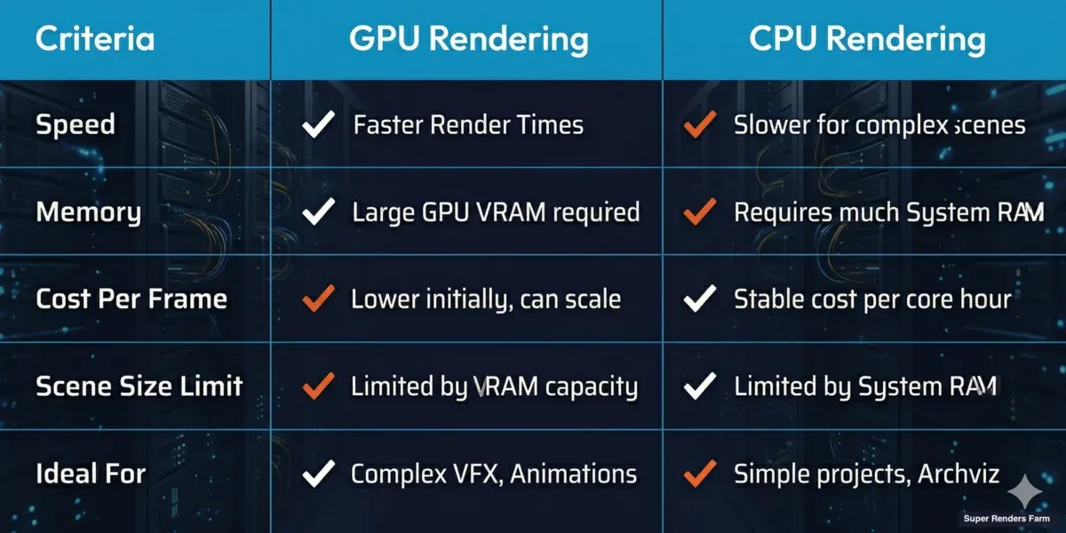 GPU rendering vs CPU rendering comparison — speed, memory, cost, and ideal use cases