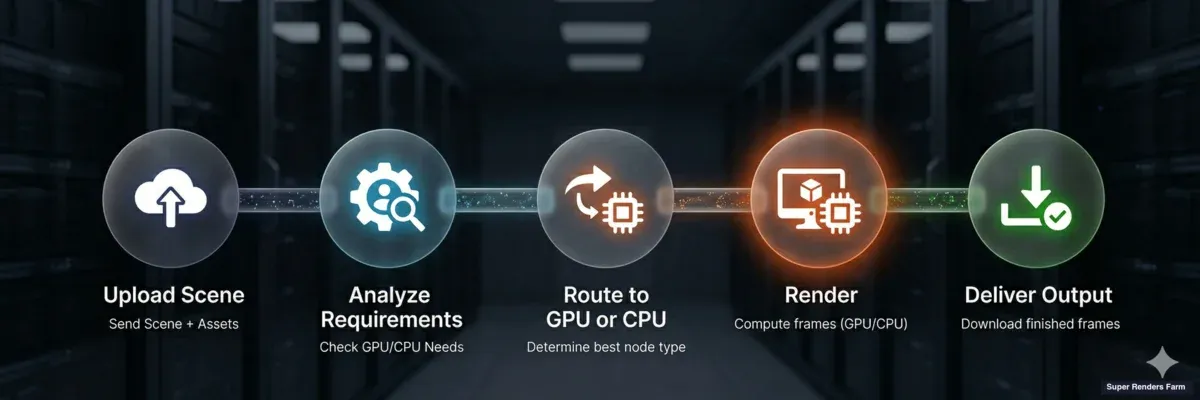 Hybrid GPU and CPU cloud rendering workflow — scene upload, analysis, routing to GPU or CPU nodes, render, delivery