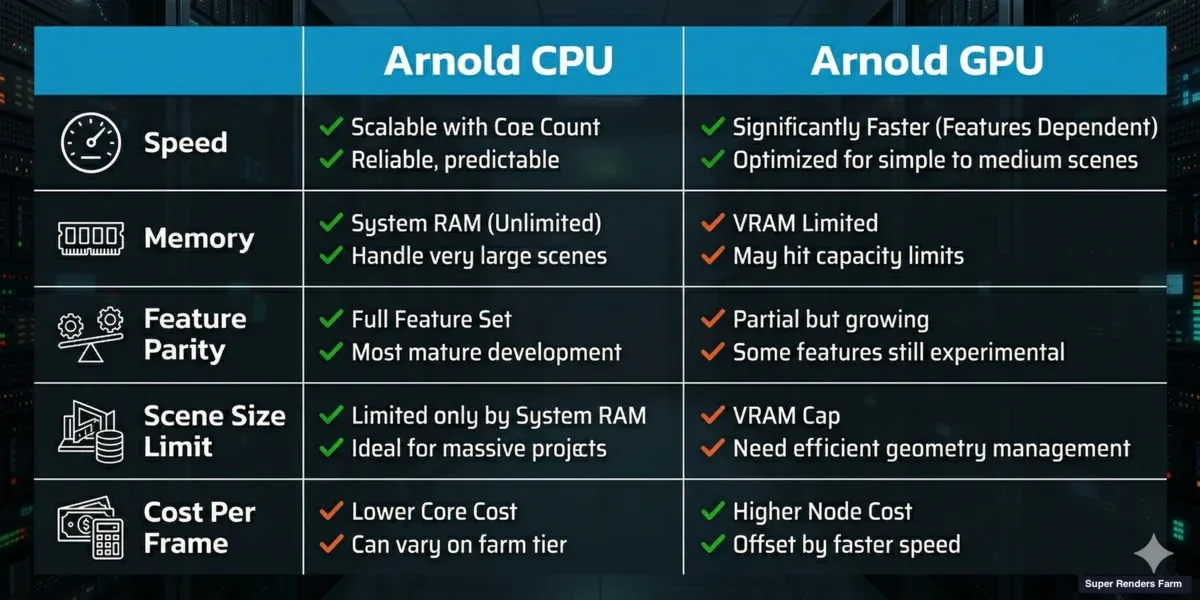 Arnold GPU vs CPU rendering comparison — speed, memory, feature support, and cost per frame