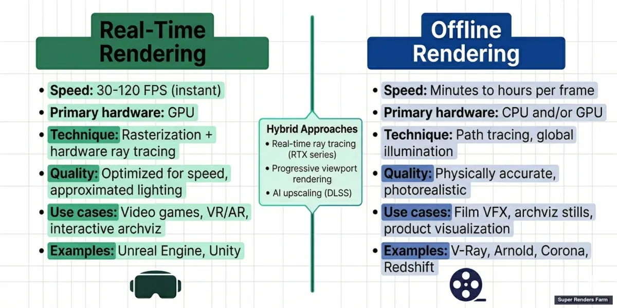 Real-time rendering vs offline rendering comparison — speed, quality, and use cases for games, film, and architecture