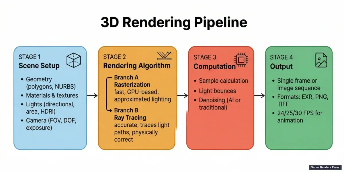 3D rendering pipeline diagram — scene setup, rendering algorithm, and output stages