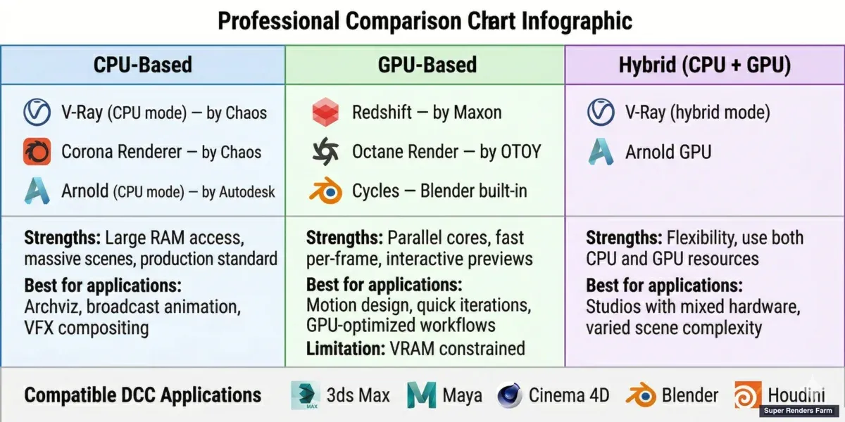 CPU vs GPU render engines comparison — V-Ray, Corona, Arnold, Redshift, Octane, and Cycles
