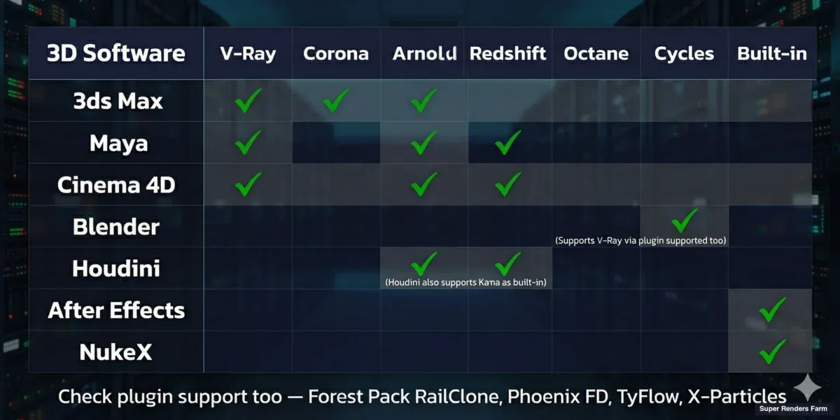 Cloud render farm software support matrix — 3ds Max, Maya, Cinema 4D, Blender, Houdini with supported render engines