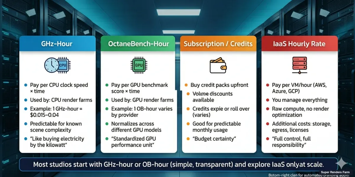 Four render farm pricing models compared — GHz-hour, OctaneBench-hour, subscription, and IaaS hourly rate