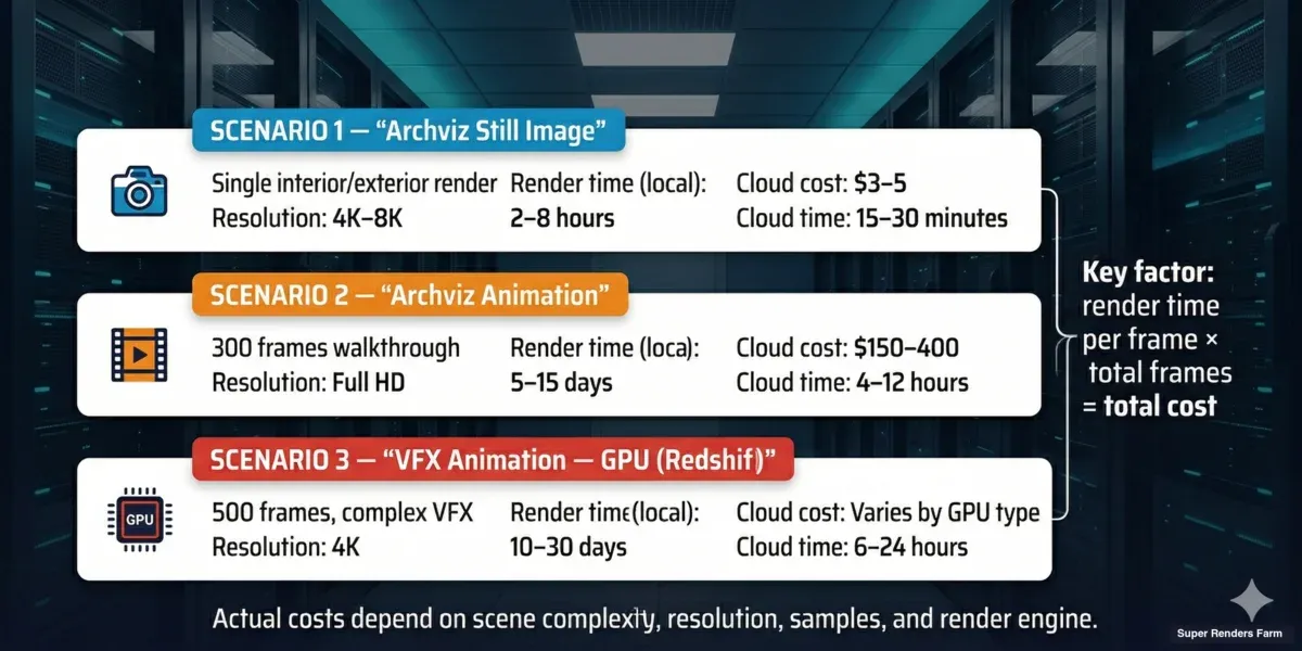 Render farm cost examples — archviz still ($3-5), archviz animation ($150-400), VFX GPU animation pricing