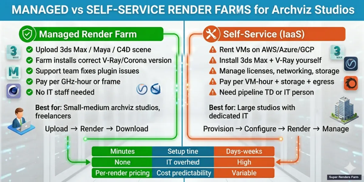 Managed vs self-service render farms for archviz — workflow, cost, and IT overhead comparison