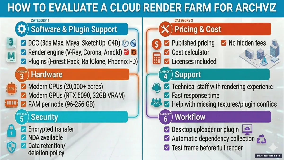 Cloud render farm evaluation checklist for archviz studios — software support, pricing, support quality, and security