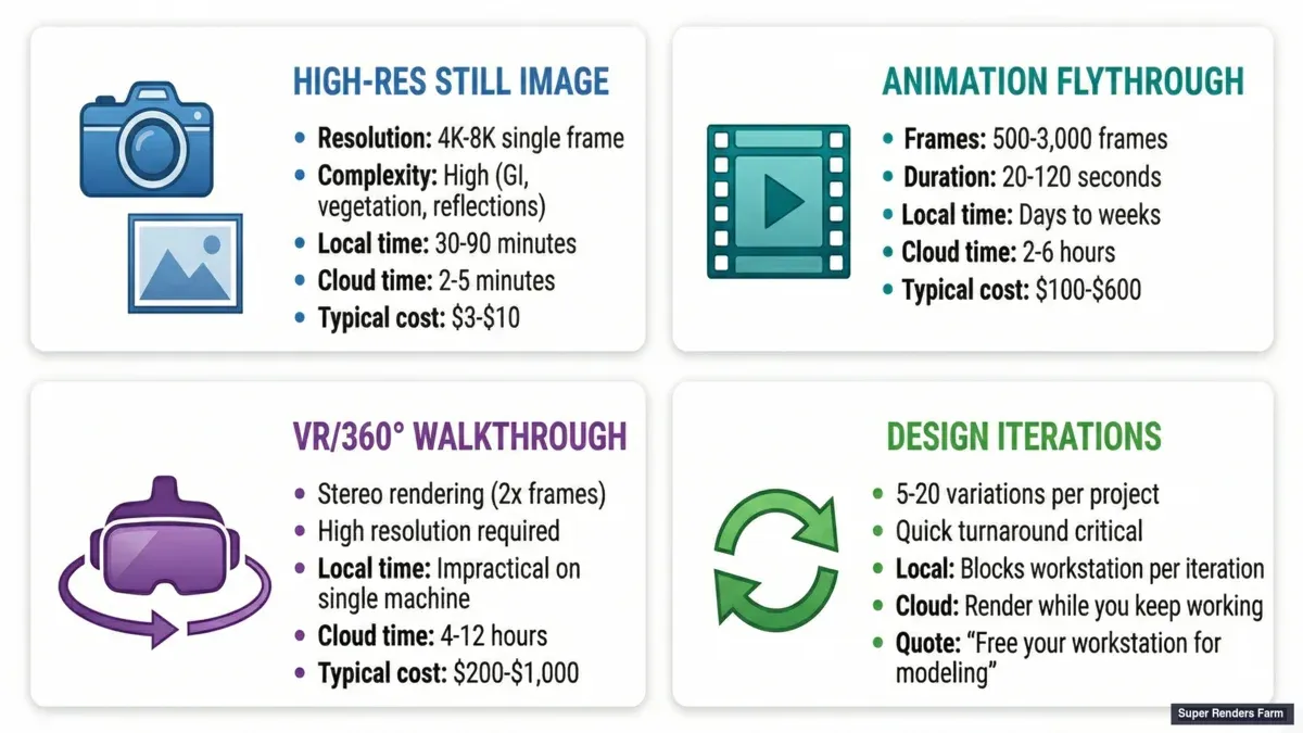 Archviz cloud rendering scenarios — single still, animation sequence, VR walkthrough, and design iterations