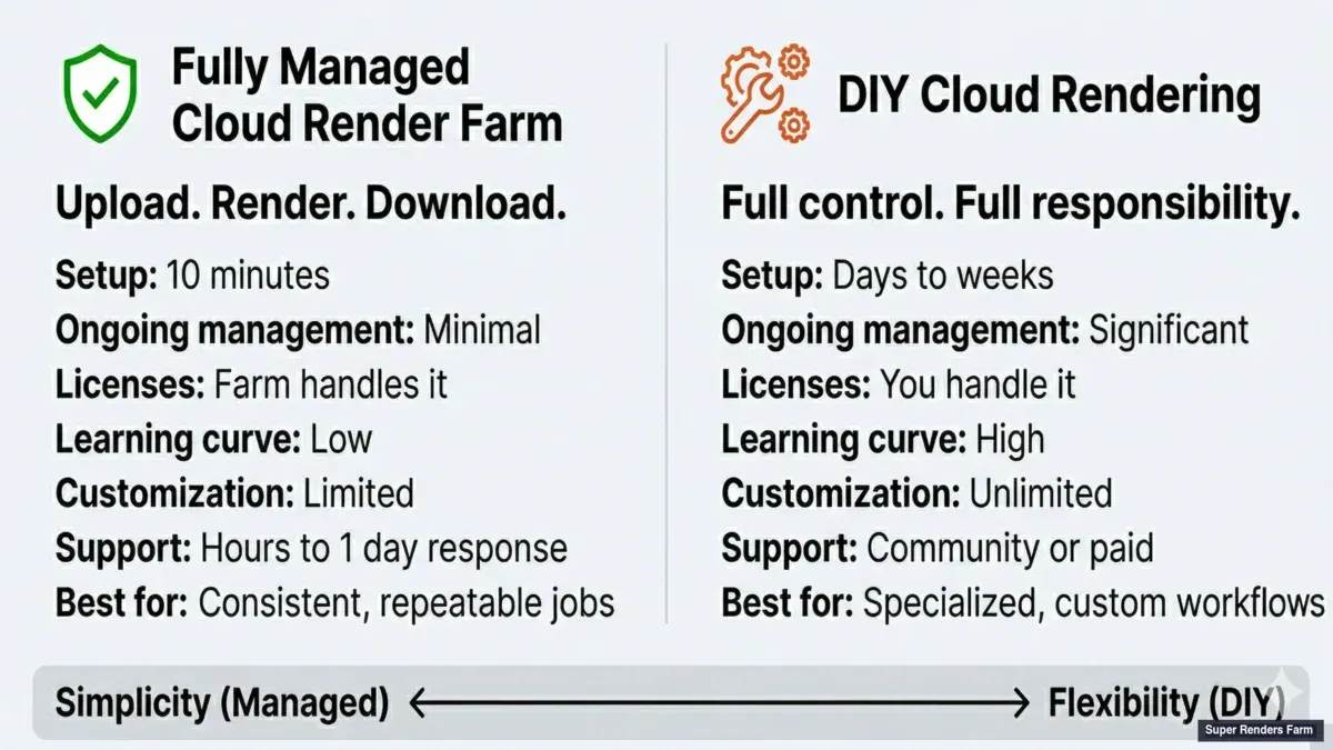 Fully managed vs DIY cloud rendering — side-by-side comparison of setup time, cost, and control