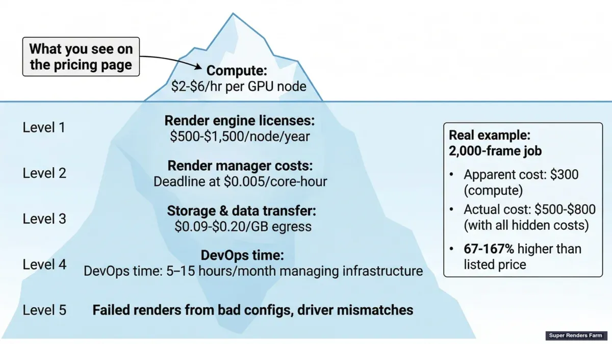 DIY cloud rendering hidden costs — compute is just the tip; licenses, DevOps, failed renders add up
