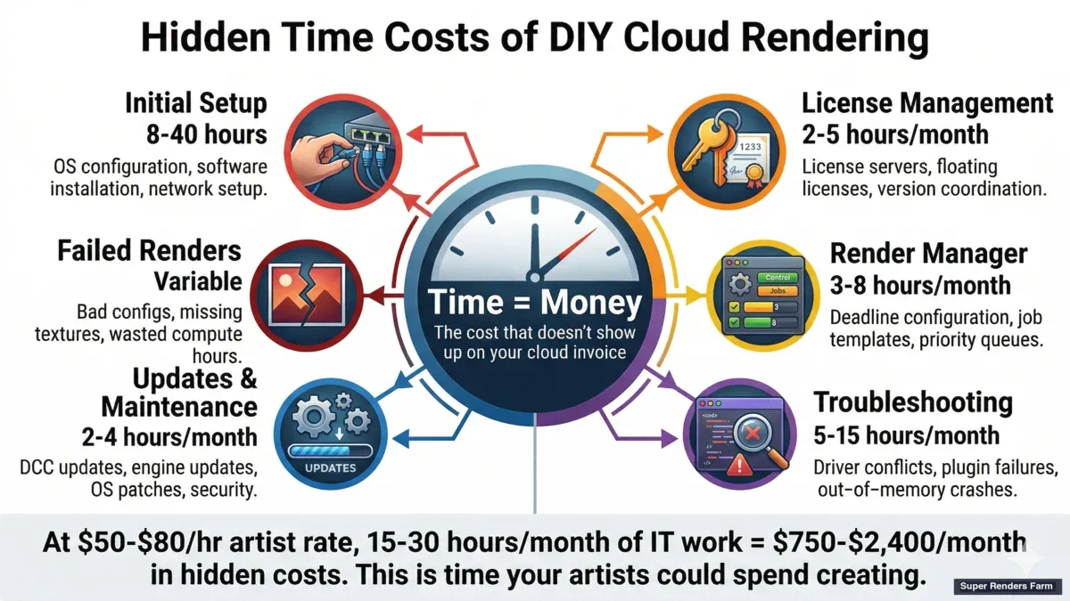 Hidden costs of DIY cloud rendering — time spent on setup, licensing, troubleshooting, and failed renders