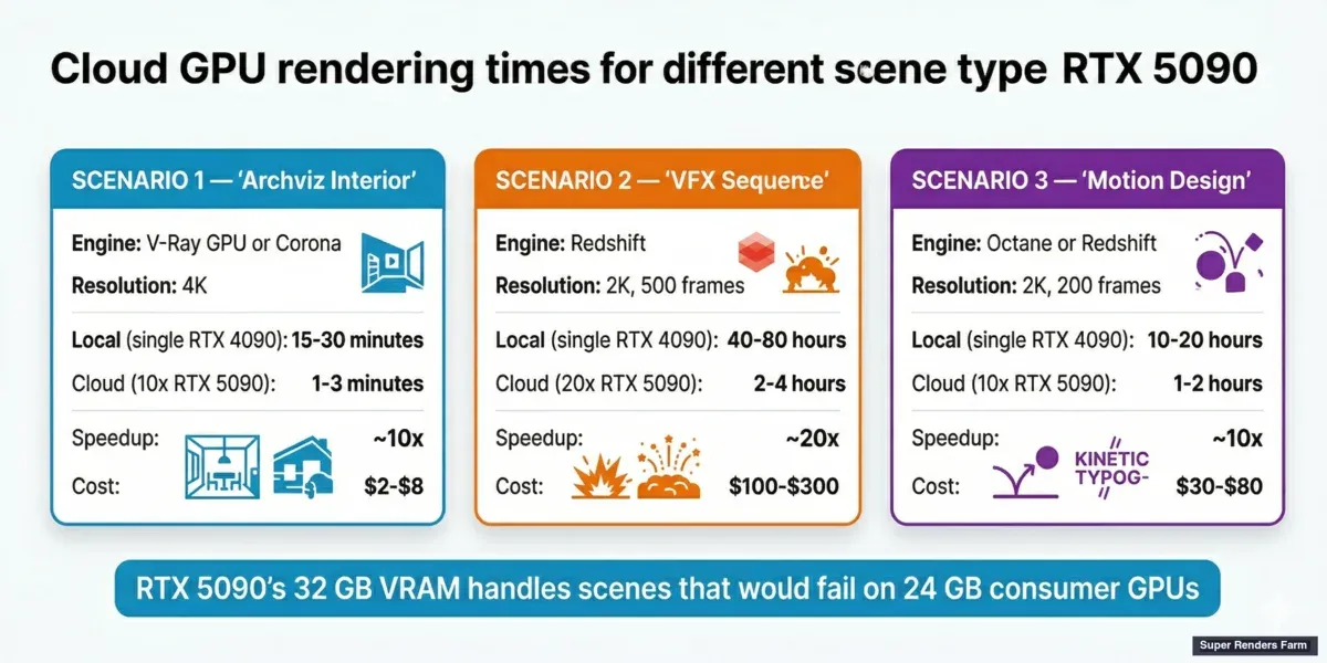 Cloud GPU rendering times — RTX 5090 render speed for archviz, VFX, and motion design scenes