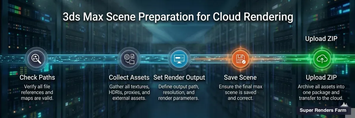 3ds Max scene preparation pipeline — five steps from asset tracking to upload