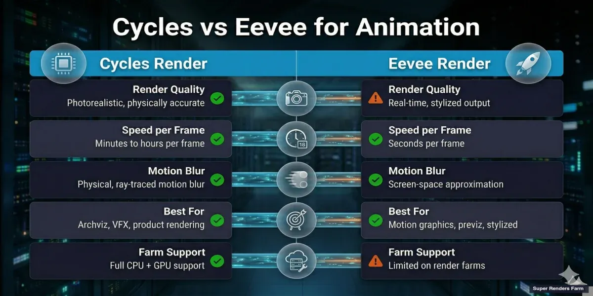 Comparison infographic — Cycles vs Eevee for animation rendering in Blender