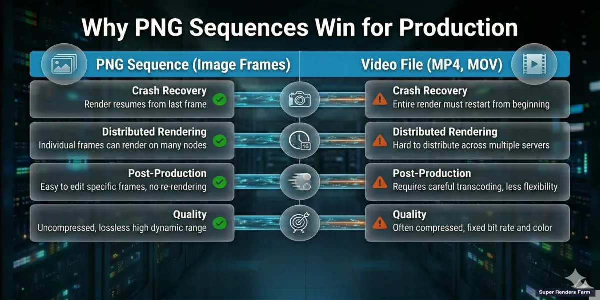 Infographic comparing PNG image sequence vs video file output for Blender animation rendering