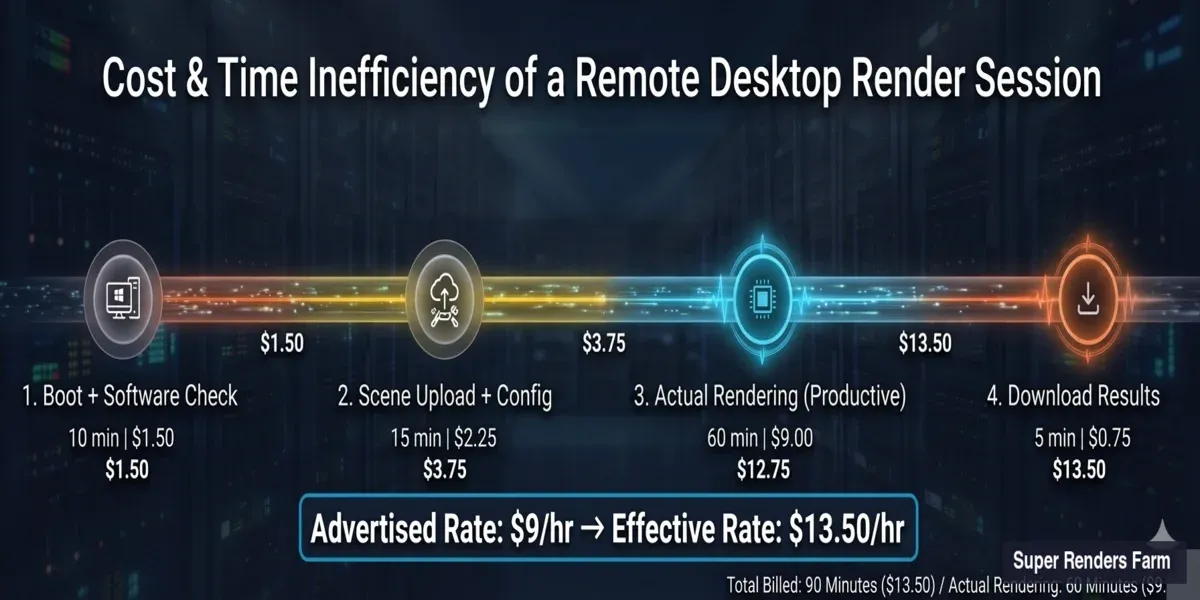 Analisi del costo effettivo di una sessione di rendering su desktop remoto — la tariffa pubblicizzata di $9 all'ora diventa $13,50 effettivi includendo avvio, upload e tempo di download