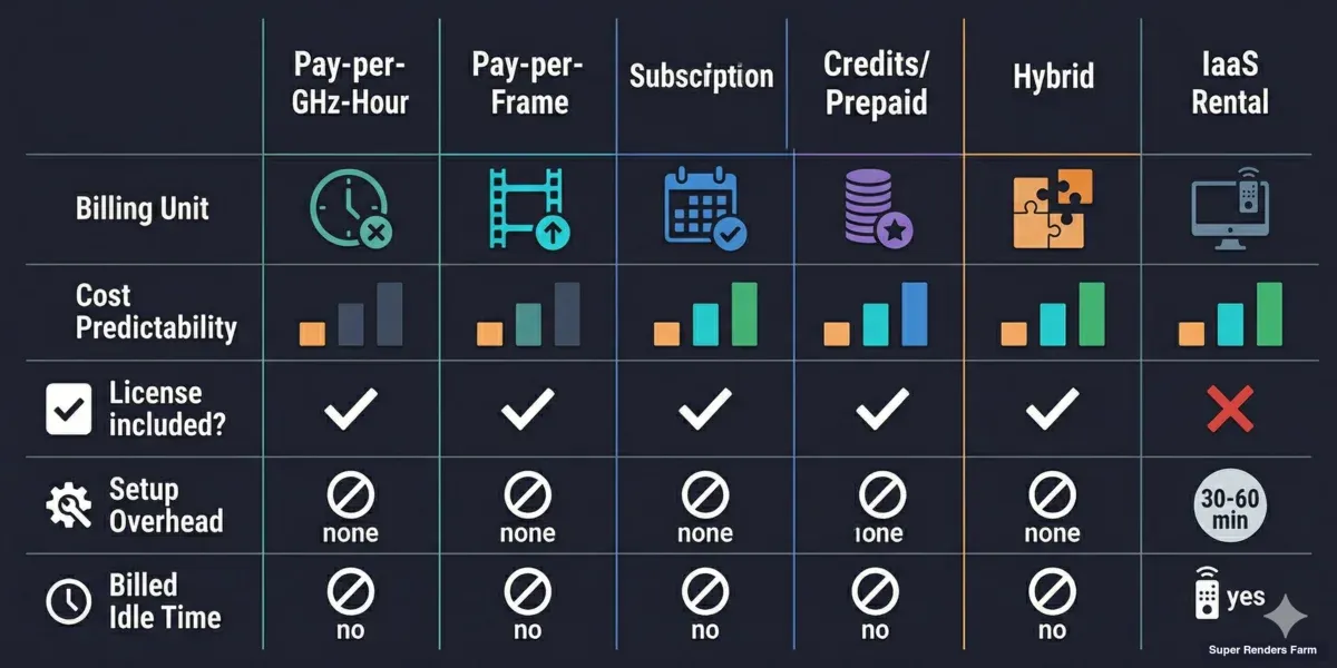 Infographic so sánh các mô hình giá render farm: GHz-giờ, theo frame, đăng ký, credits, hybrid và IaaS
