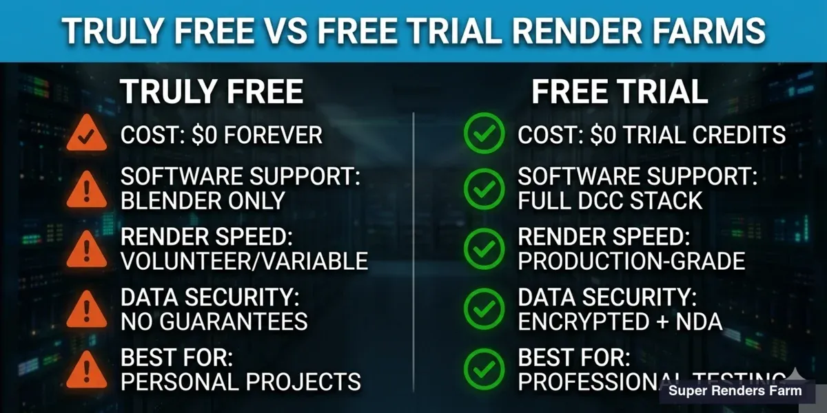 Infografica comparativa — render farm realmente gratuite rispetto a render farm con prova gratuita commerciale