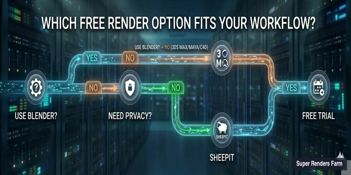 Diagramma decisionale per scegliere l'opzione di render farm gratuita corretta in base al software, alla riservatezza e alle esigenze del progetto