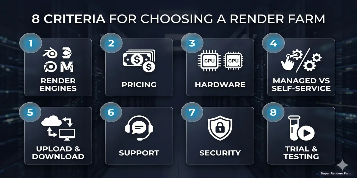 Ocho criterios para evaluar una granja de render — motores, precios, hardware, workflow, soporte, seguridad y pruebas