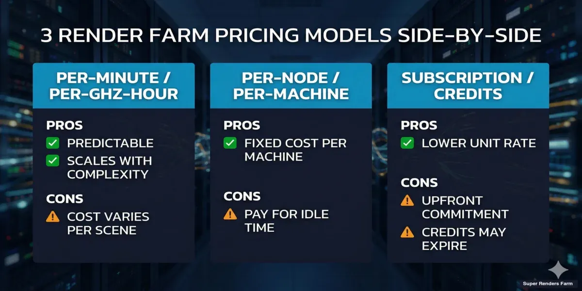 Comparación de tres modelos de precios de granjas de render — por minuto, por nodo y suscripción