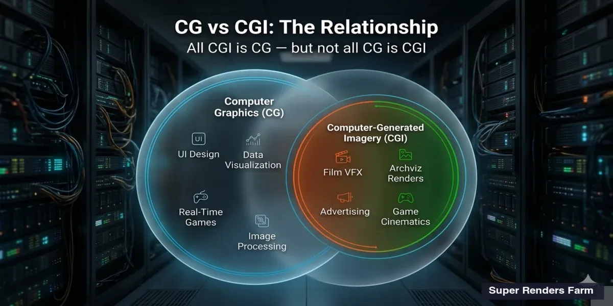 Diagram showing CG as a broad umbrella containing CGI as a subset, with examples of each category