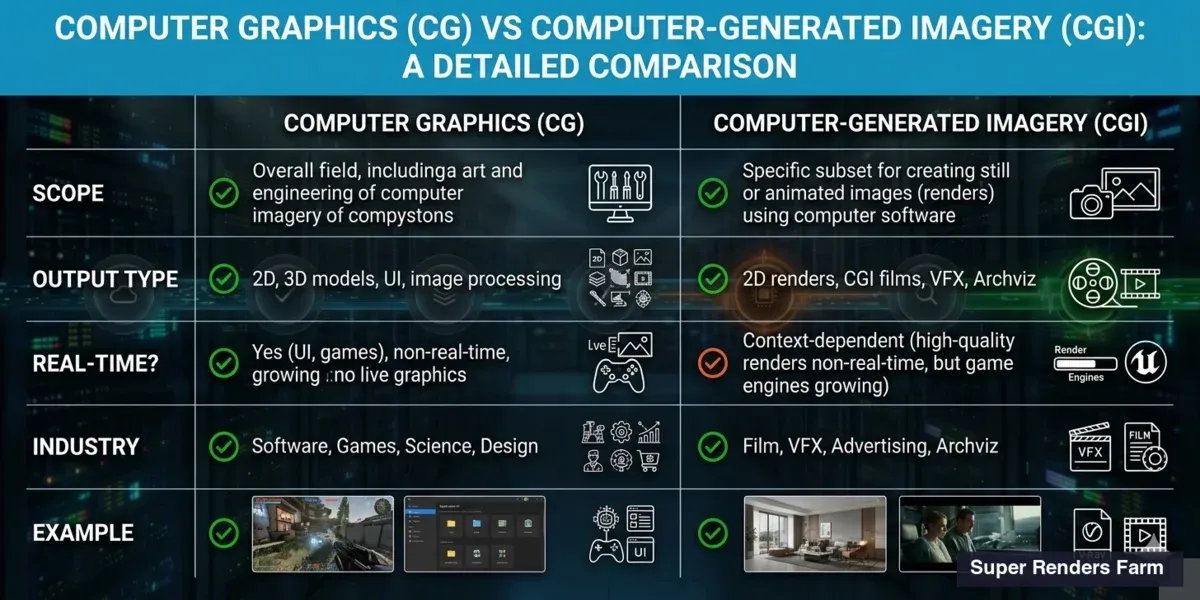 CG vs CGI comparison infographic showing key differences in scope, output, and industry usage