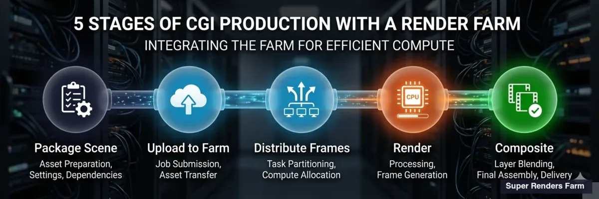 CGI production pipeline diagram showing 5 stages from scene packaging to final compositing