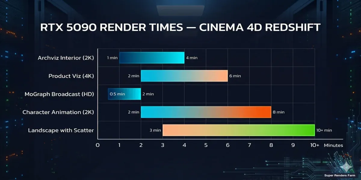 RTX 5090 render time benchmarks for Cinema 4D Redshift scenes by project type