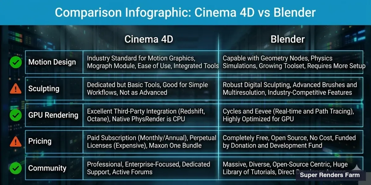 Cinema 4D vs Blender feature comparison across motion design, sculpting, rendering, pricing, and community