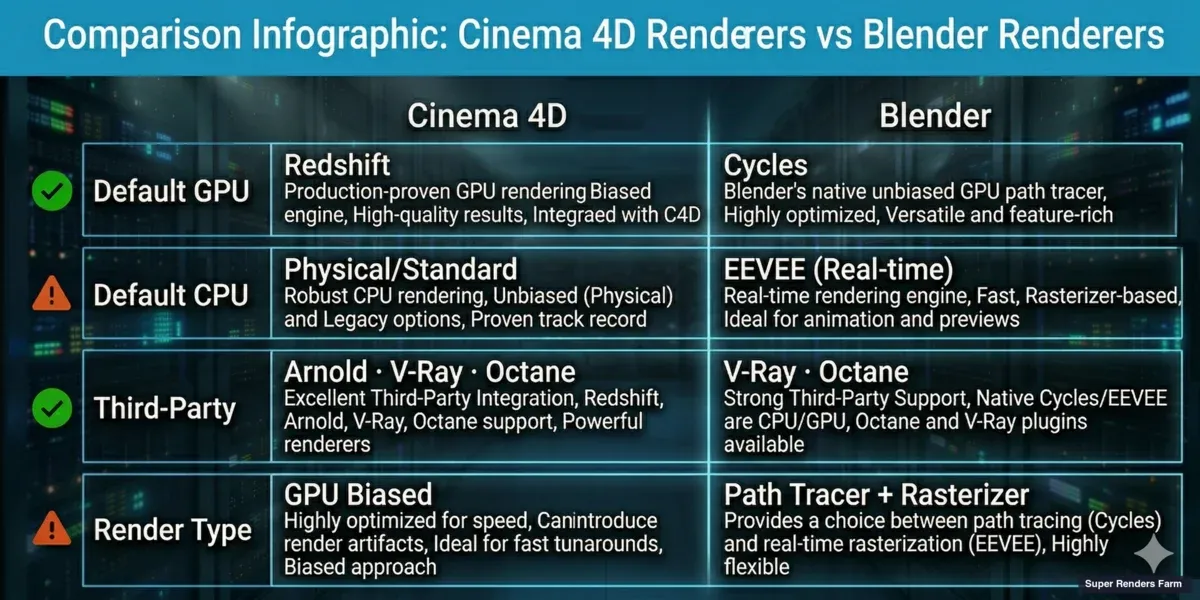 Cinema 4D and Blender rendering engine options compared — Redshift and Arnold for Cinema 4D, Cycles and EEVEE for Blender