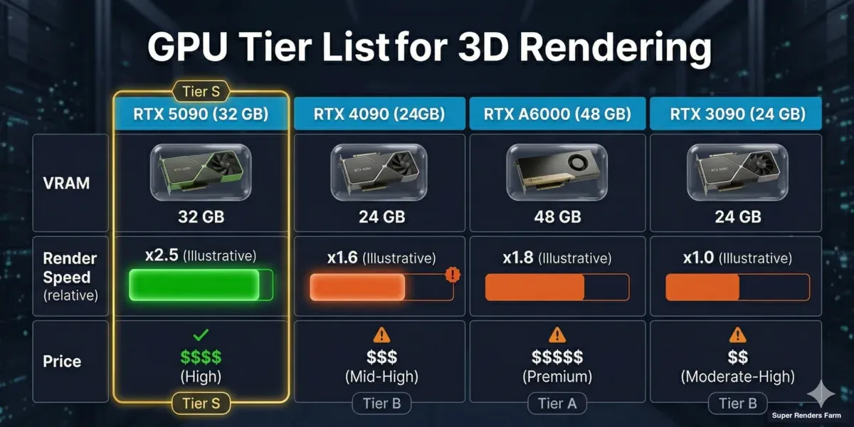 GPU comparison chart showing RTX 5090, RTX 4090, RTX A6000, and RTX 3090 with VRAM and performance ratings for 3D rendering