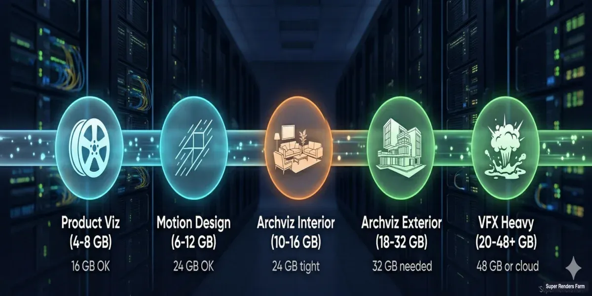 VRAM requirements diagram showing GPU memory needed for product visualization, archviz interiors, archviz exteriors, and VFX rendering