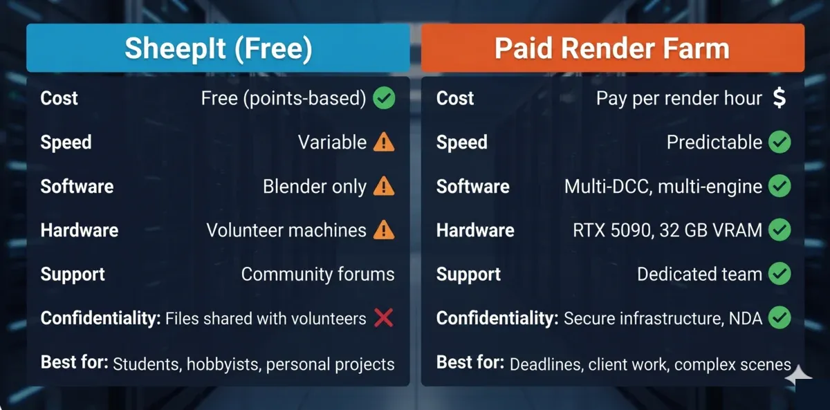 SheepIt free render farm vs paid render farm comparison — cost, speed, support, software, and confidentiality differences