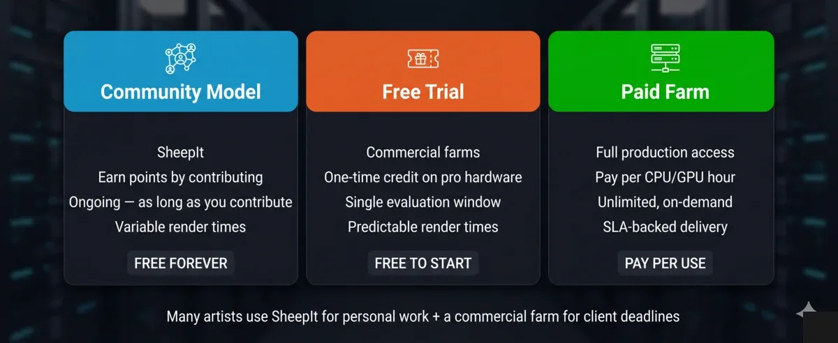 Three free rendering options for Blender users — SheepIt community points vs commercial free trials vs paid render farm