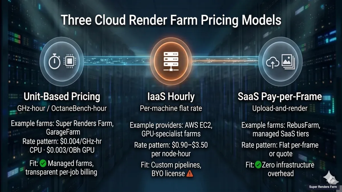 Comparação de taxonomia de preços para render farms na nuvem em três níveis: preços por unidade (GHz-hora/OctaneBench-hora) versus IaaS por hora (taxa fixa por máquina) versus SaaS por frame (carrega e renderiza), com exemplos de farms e padrões de taxas típicos para cada nível.