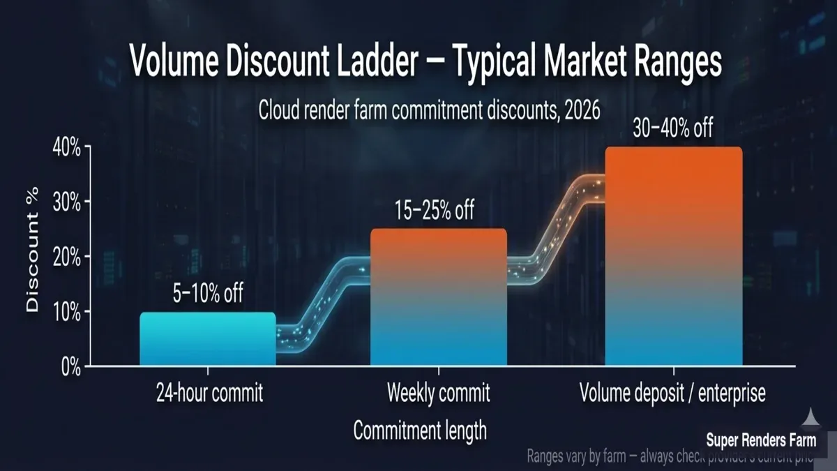 Escala de desconto por volume para render farms na nuvem com descontos de compromisso típicos: 5 a 10 por cento de desconto para compromissos de 24 horas, 15 a 25 por cento para compromissos semanais, e 30 a 40 por cento para depósitos de volume ou contratos enterprise.