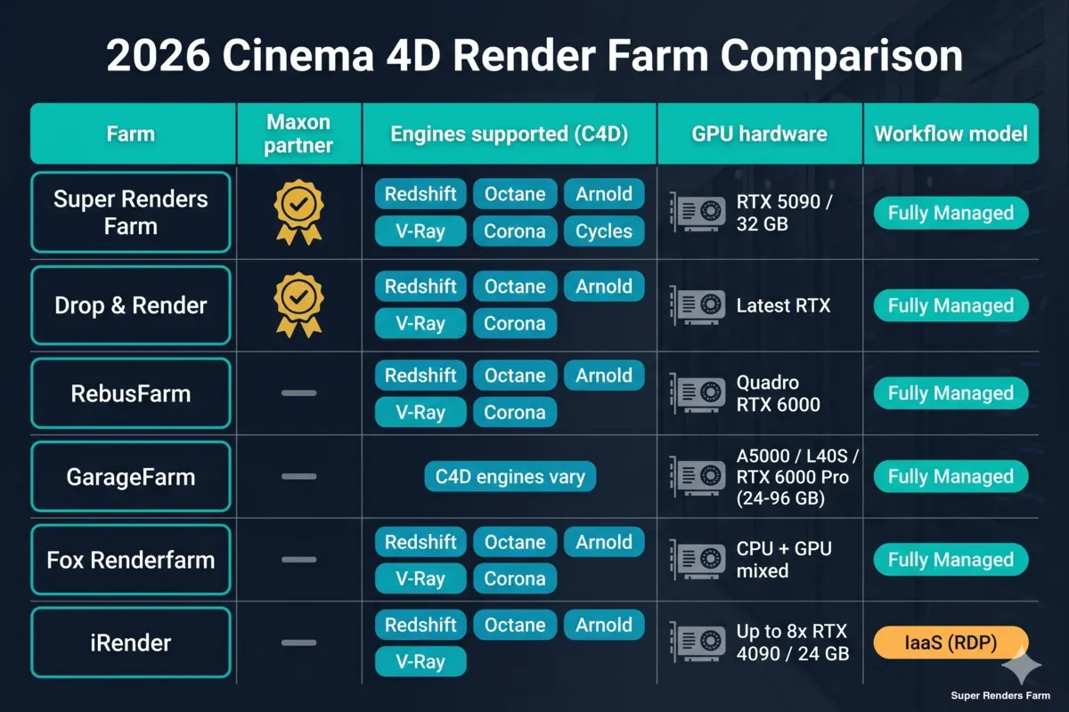 Infographic comparing six Cinema 4D render farms in 2026 — Maxon partnership status, supported render engines, GPU hardware specs, and workflow model