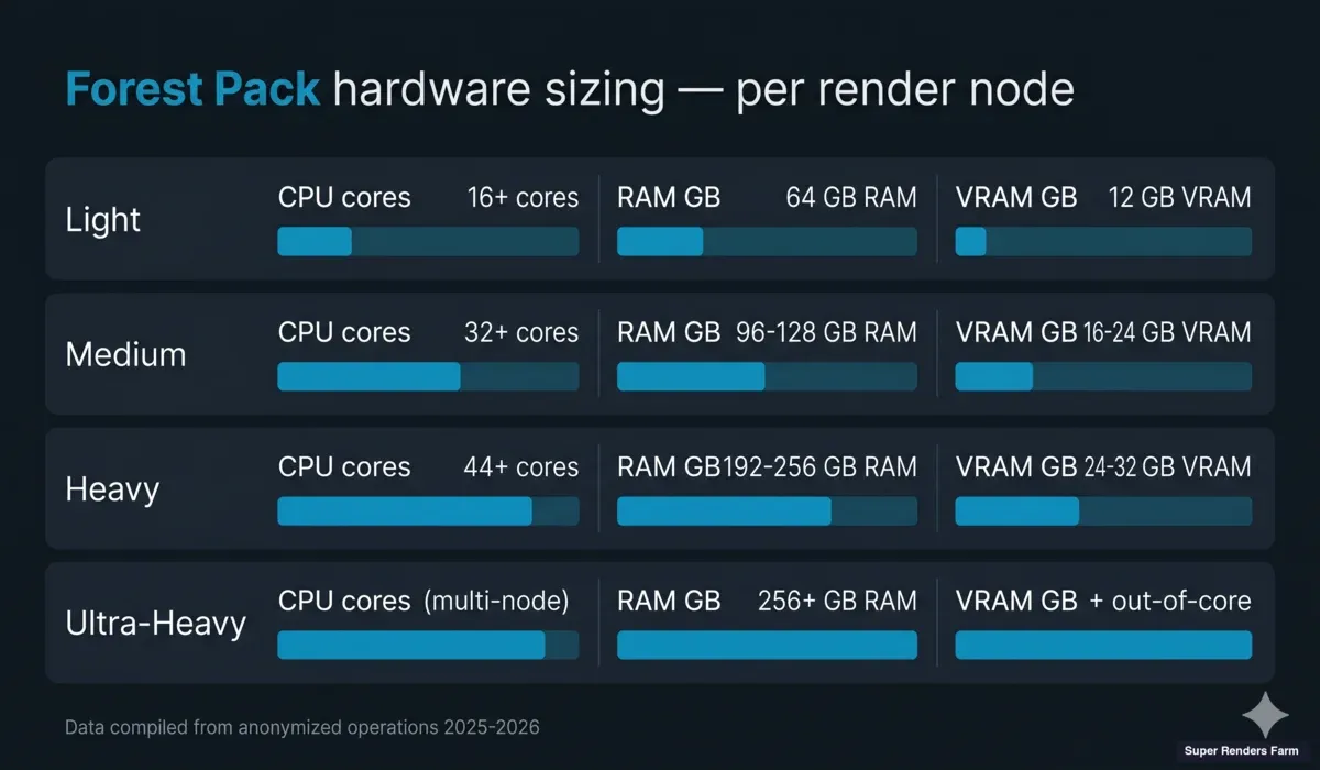 Forest Pack ハードウェアサイジング参照:クラウドレンダーファームのシーン複雑度ティア別ノードあたりCPU・RAM・VRAMの目標値。