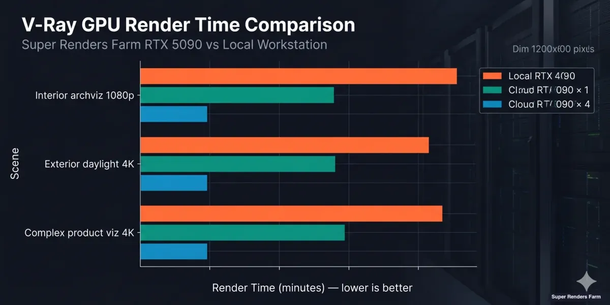 Biểu đồ so sánh thời gian render V-Ray GPU — RTX 4090 cục bộ vs cloud RTX 5090 trên các scene nội thất, ngoại thất và sản phẩm phức tạp