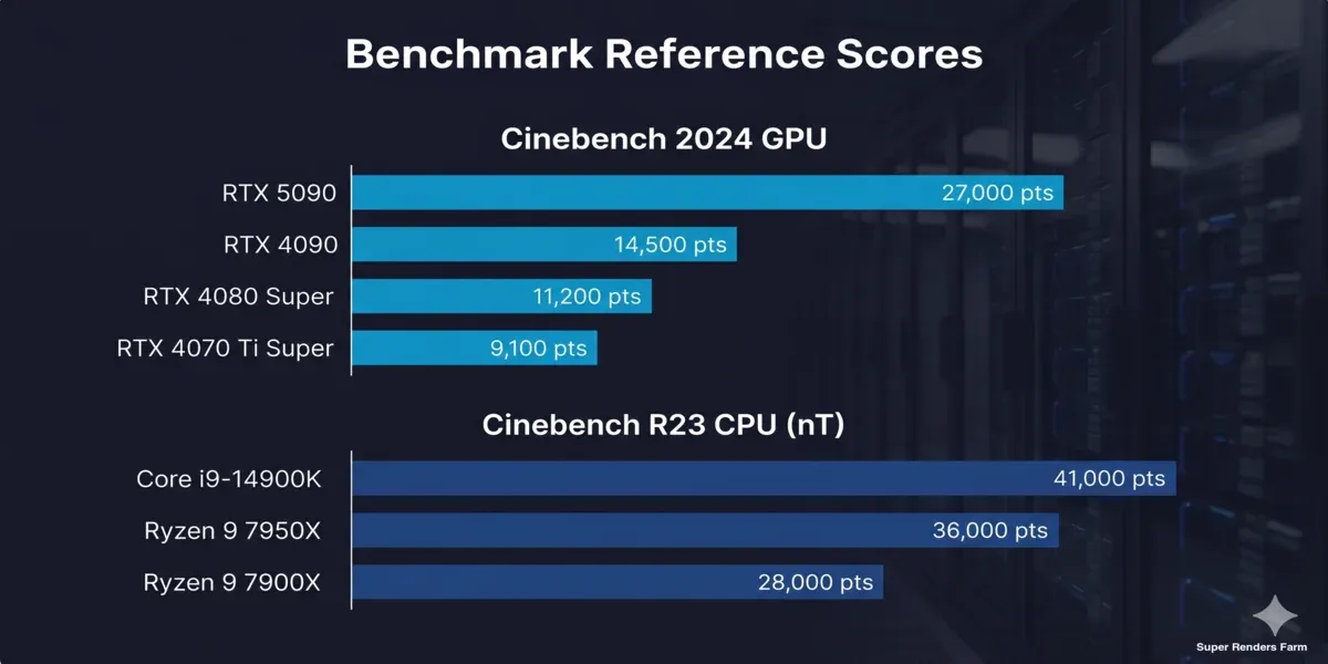 Pontuações de benchmark GPU Cinebench 2024 e CPU R23: RTX 5090 vs RTX 4090 vs CPUs de estação de trabalho
