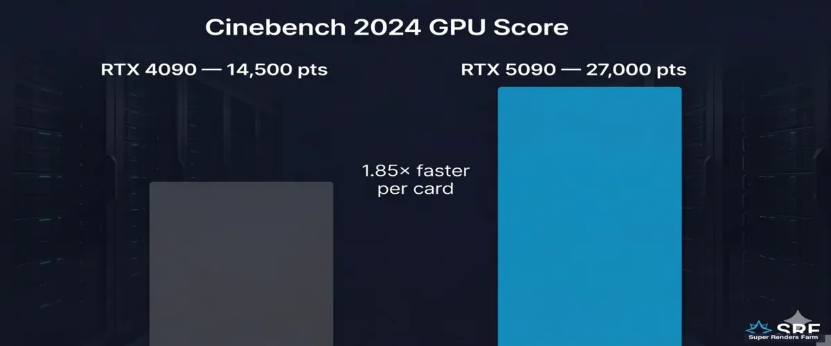 Pontuação GPU Cinebench 2024: RTX 4090 com 14.500 pontos versus RTX 5090 com 27.000 pontos — 1,85x mais rápida por placa